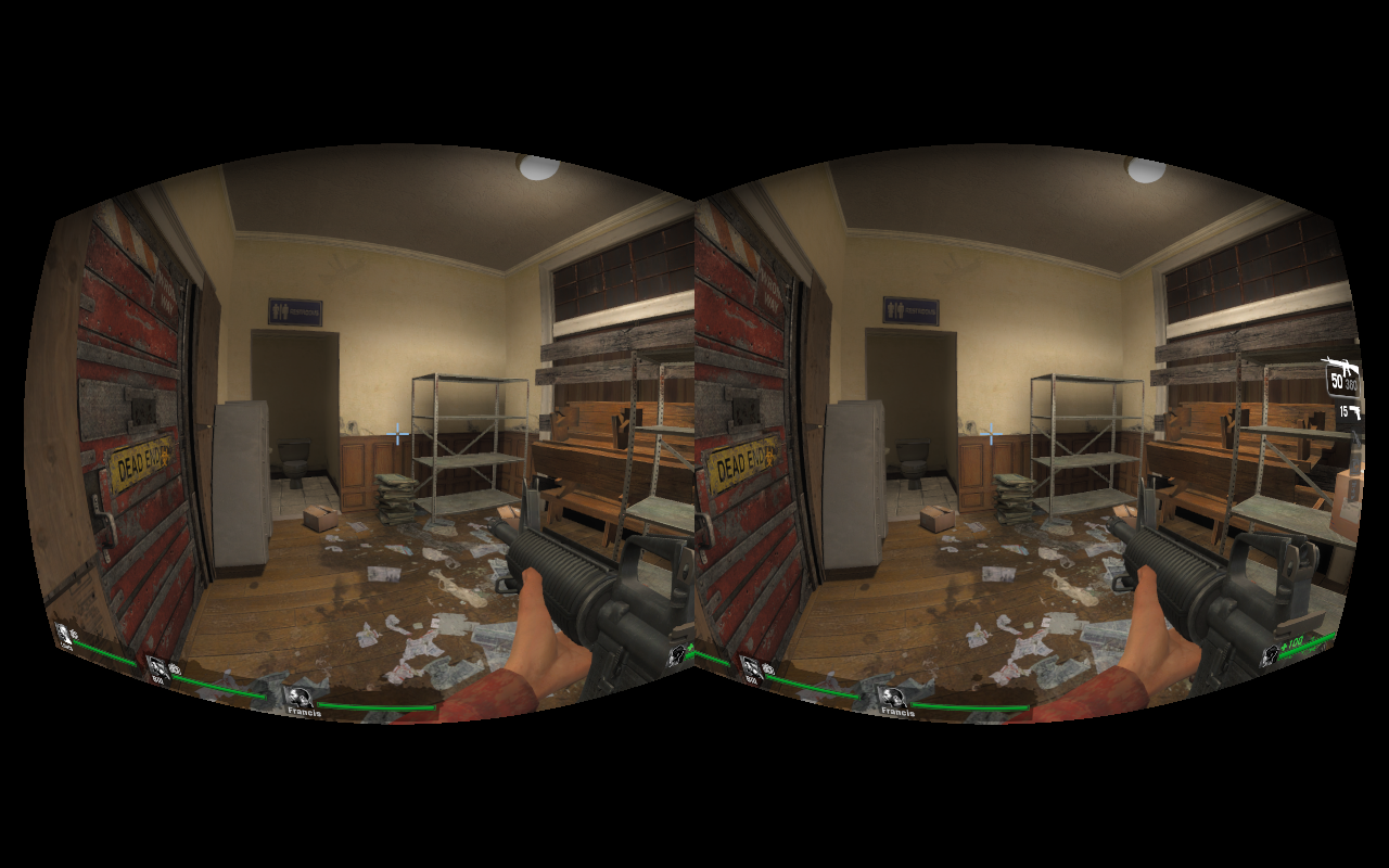 Al activar el modo 3D en Vireio, vemos dos imágenes casi gemelas con un shader que las deforma para las lentes del Oculus Rift