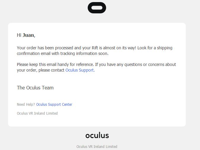 Confirmación de envío de nuestro Oculus Rift