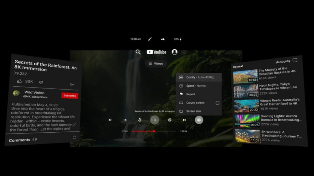 YouTube VR permite reproducir vídeos en 8K ahora en Quest 3