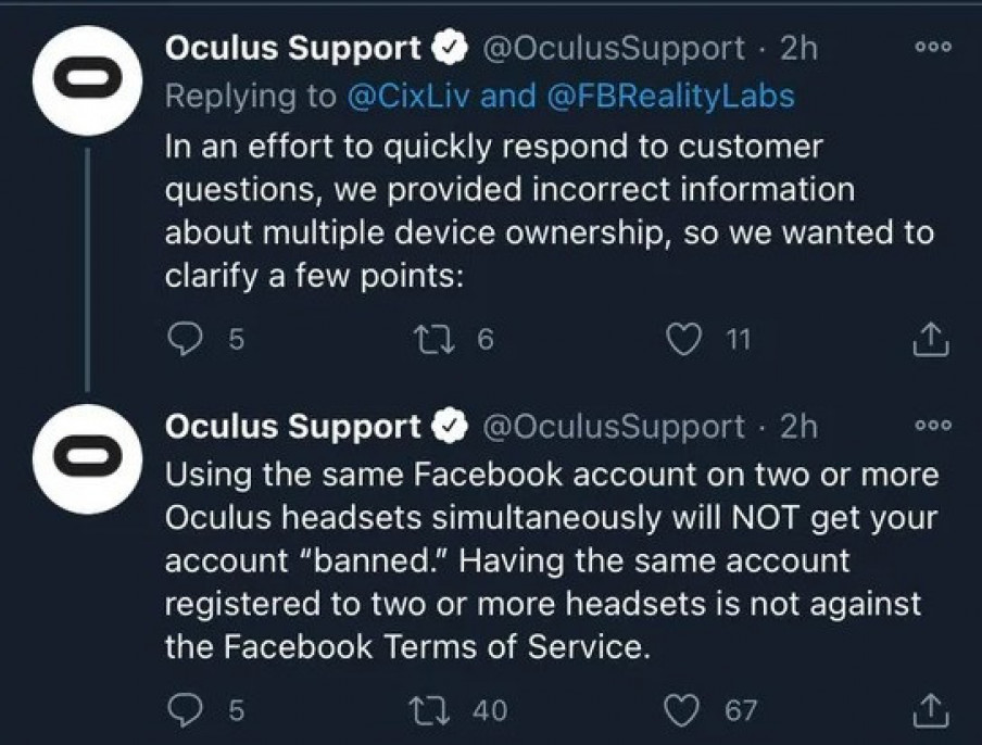 Aclaración de Oculus: Sí se puede tener asociada una única cuenta de Facebook a varios visores